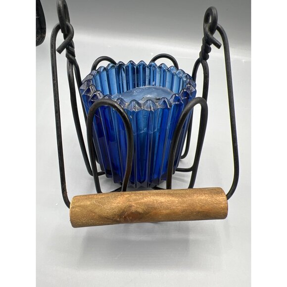Cobalt Blue Glass Candle Holder With Iron Holder Wood Handle Primitive Look 4.5" - Picture 14 of 15